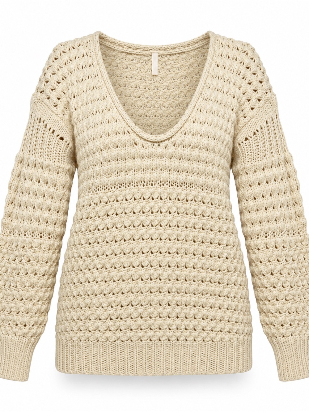 Cream Open-Knit V-Neck Sweater - Women